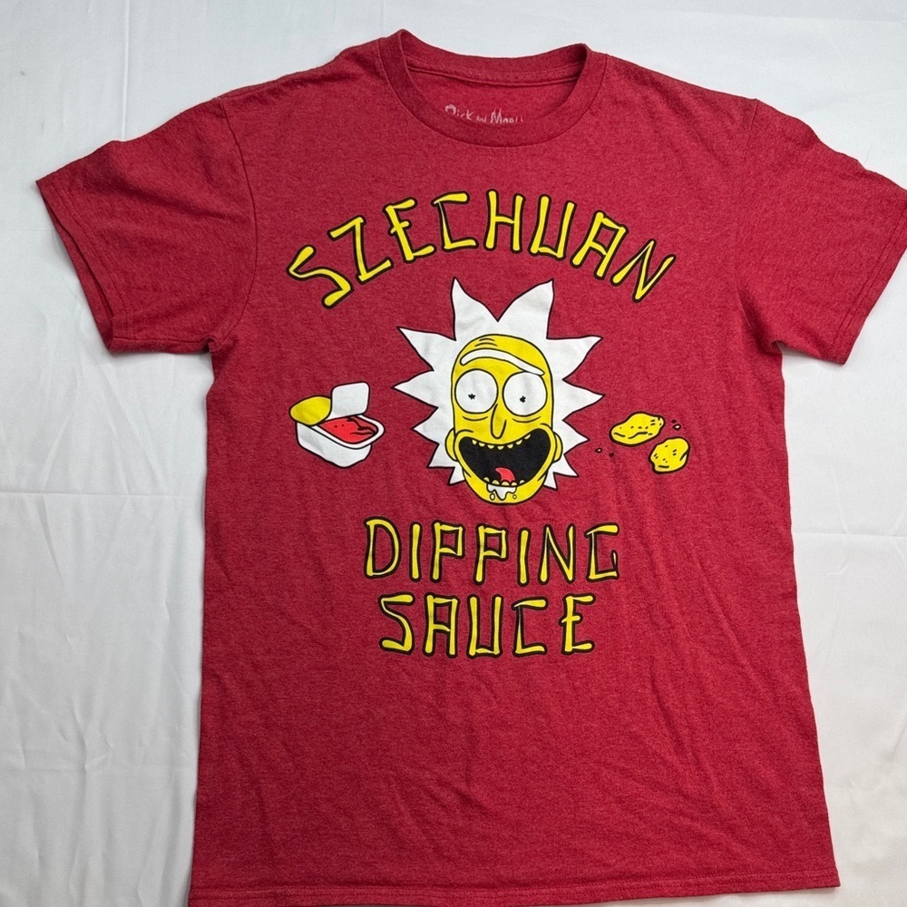 Vibrant Red Szechuan Dipping Sauce men’s size small Rick and Morty tee shirt